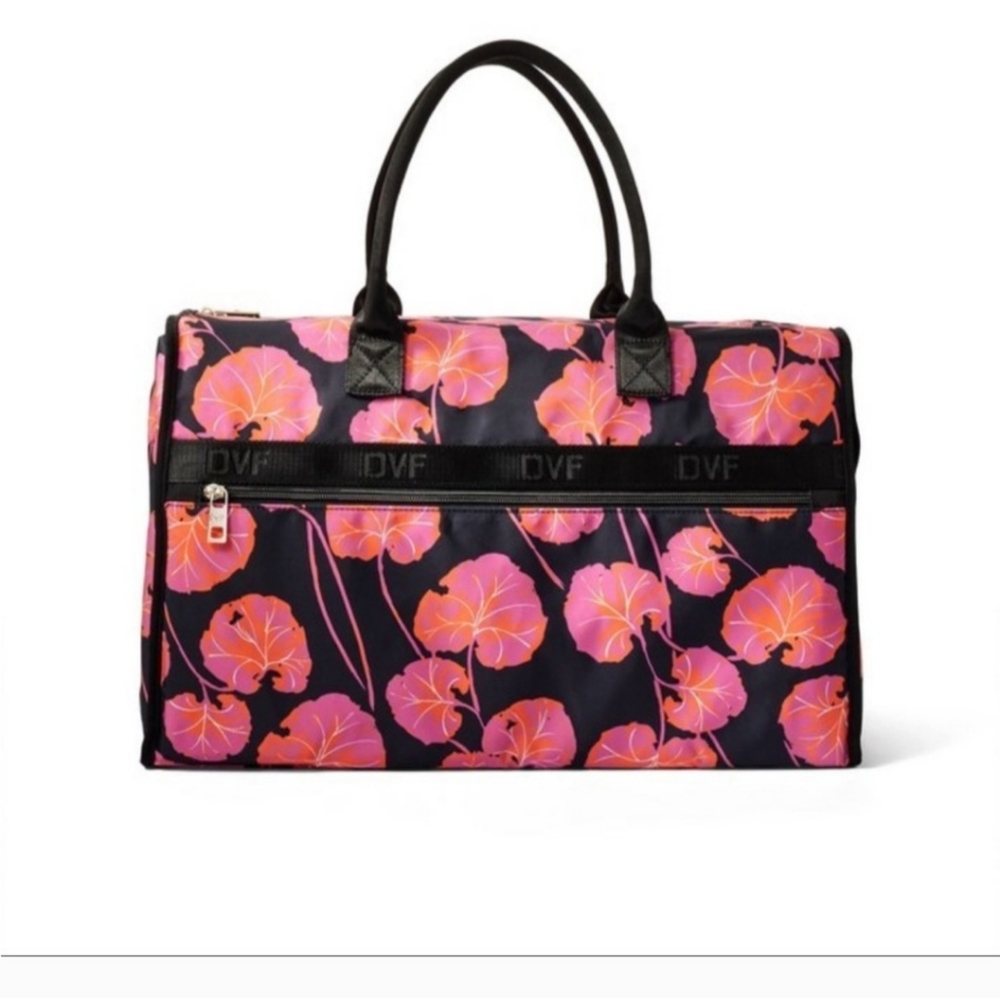DVF Pink Geranium Leaf Pattern Black Overnight Weekender Travel Bag